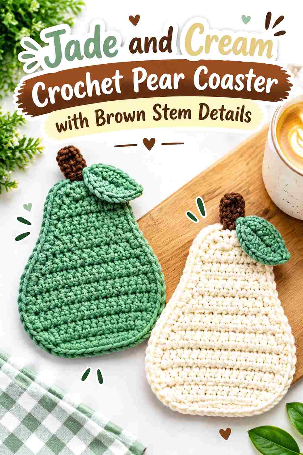 6. Jade And Cream Crochet Pear Coaster With Brown Stem Details