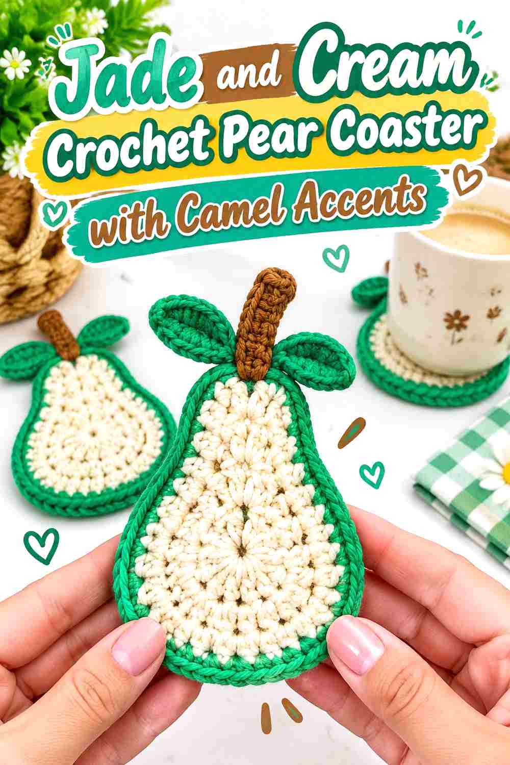 8. Jade And Cream Crochet Pear Coaster With Camel Accents