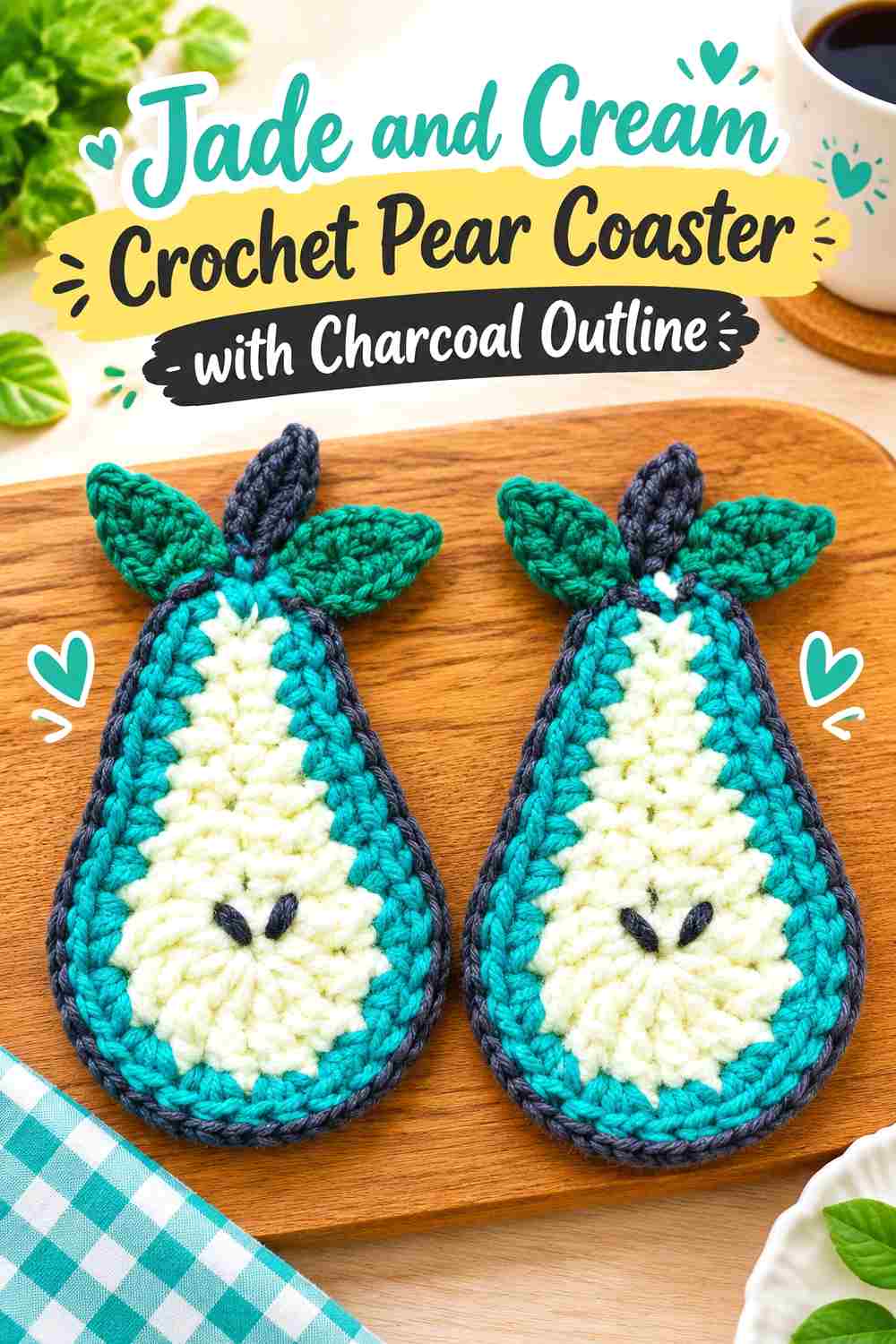 7. Jade And Cream Crochet Pear Coaster With Charcoal Outline