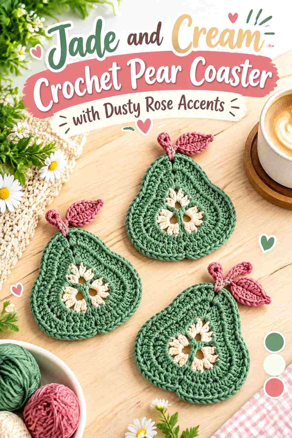 9. Jade And Cream Crochet Pear Coaster With Dusty Rose Accents
