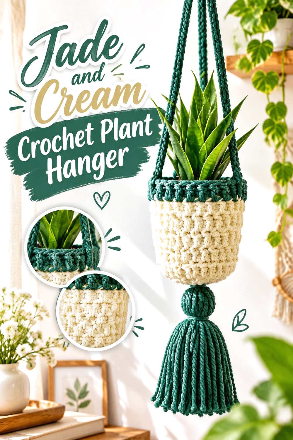 7. Jade And Cream Crochet Plant Hanger