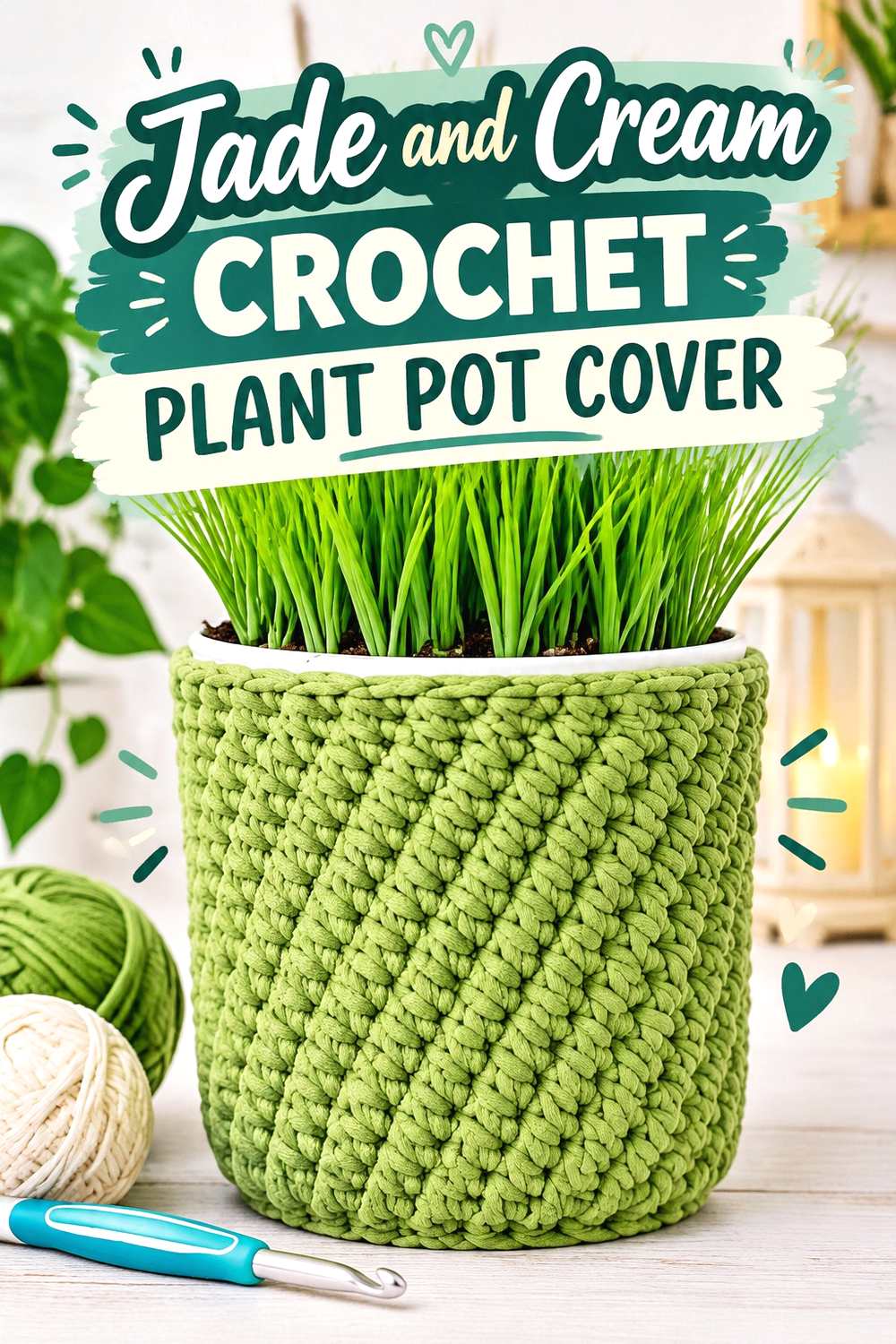 8. Jade And Cream Crochet Plant Pot Cover