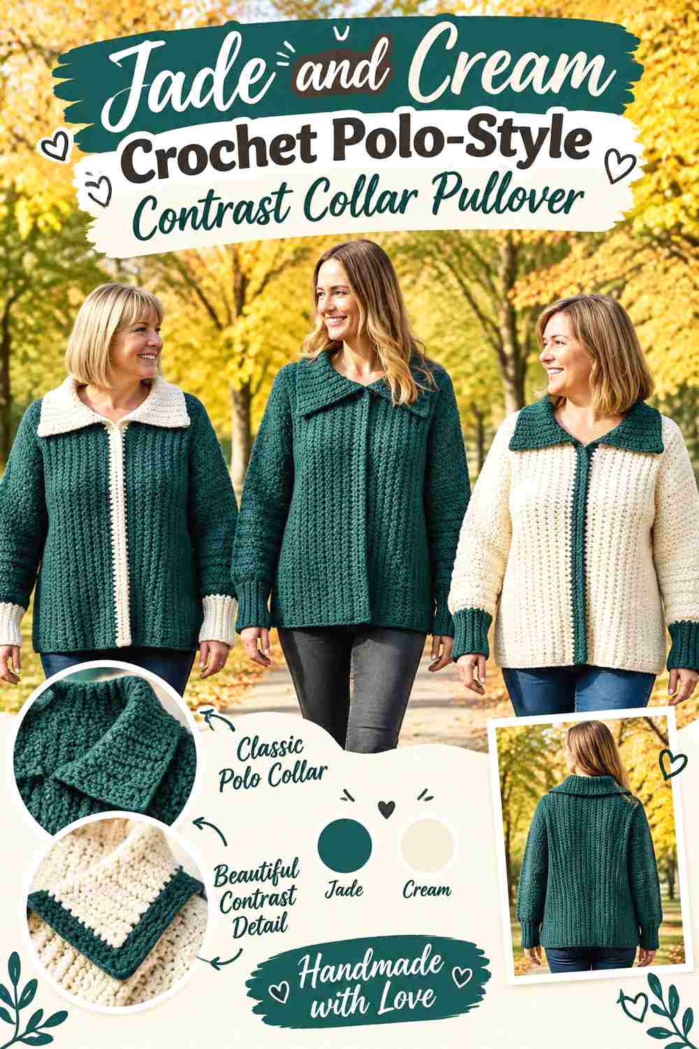 3. Jade And Cream Crochet Polo Style Contrast Collar Pullover