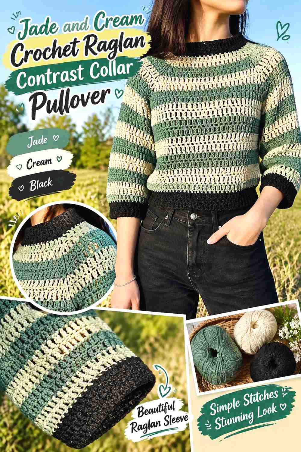 9. Jade And Cream Crochet Raglan Contrast Collar Pullover