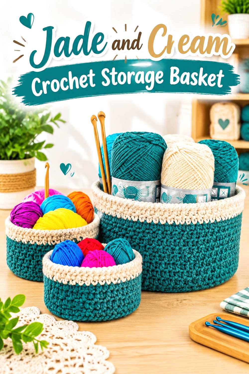 2. Jade And Cream Crochet Storage Basket