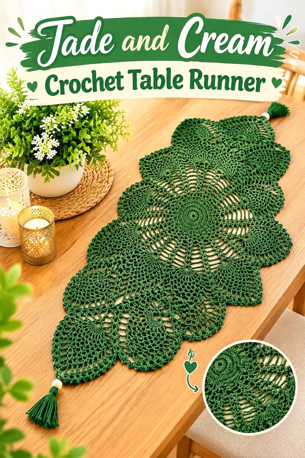 6. Jade And Cream Crochet Table Runner