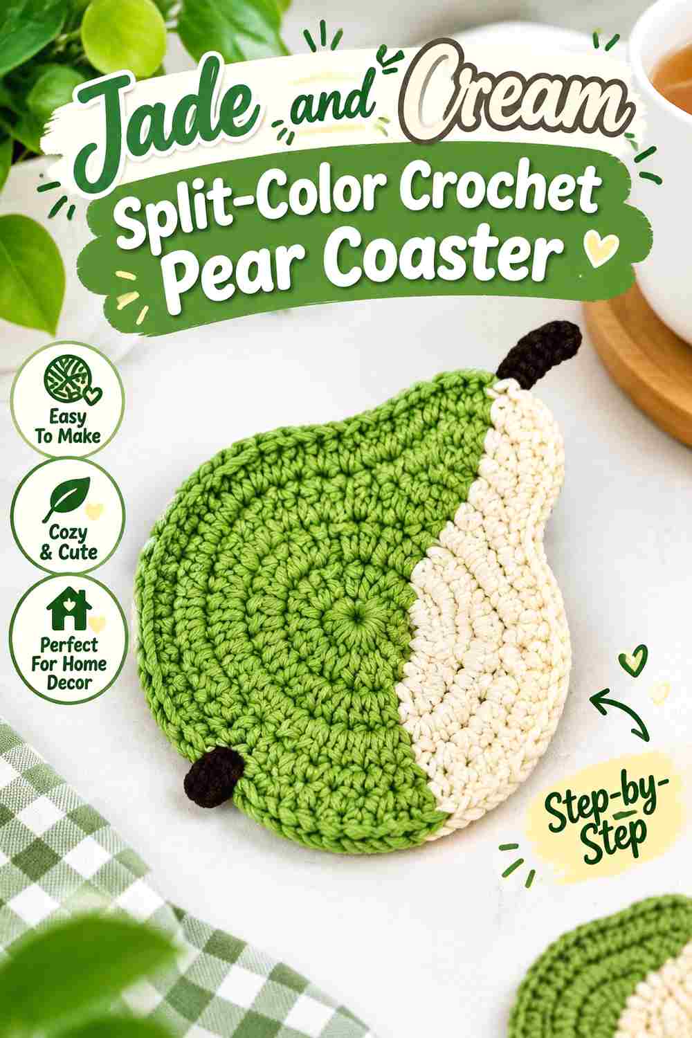 4. Jade And Cream Split Color Crochet Pear Coaster