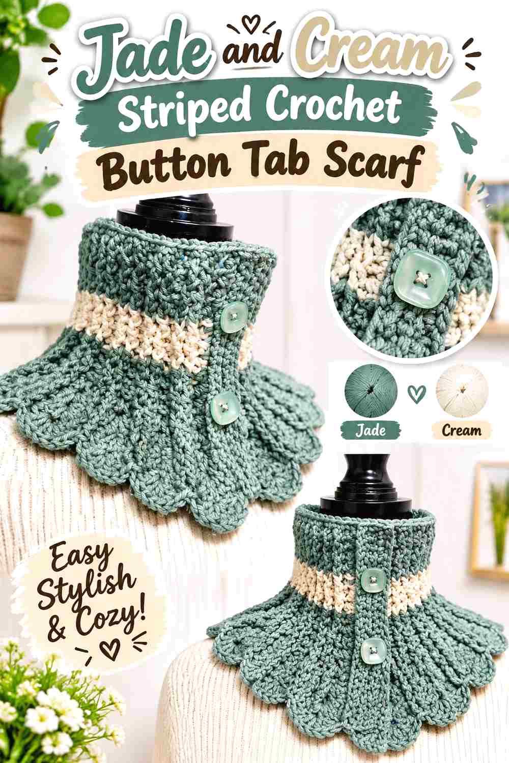 3. Jade And Cream Striped Crochet Button Tab Scarf
