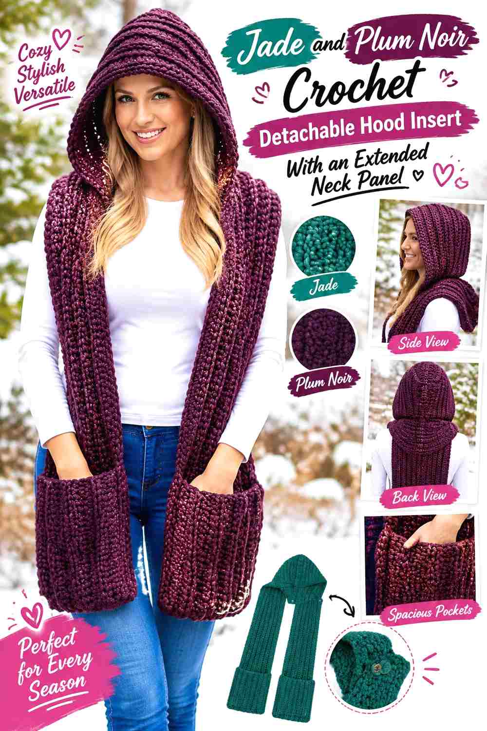 9. Jade And Plum Noir Crochet Detachable Hood Insert With An Extended Neck Panel