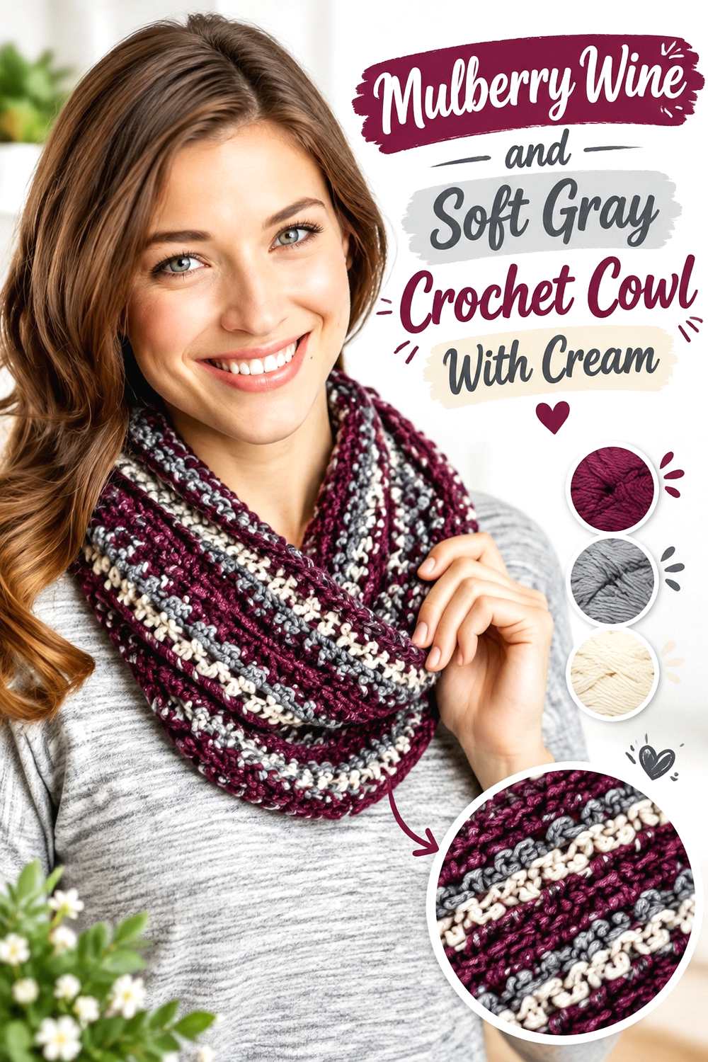 8. Mulberry Wine And Soft Gray Crochet Cowl With Cream
