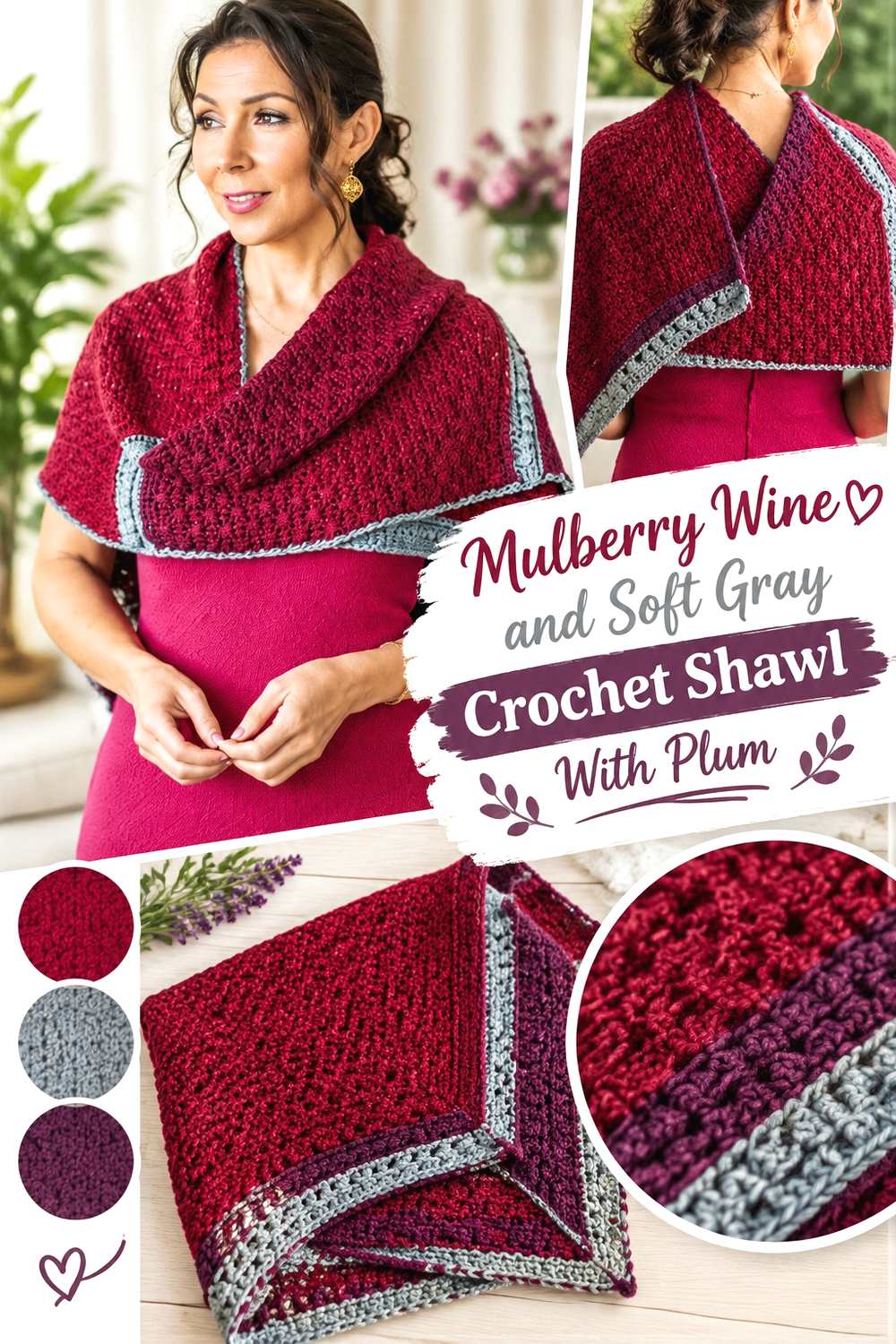6. Mulberry Wine And Soft Gray Crochet Shawl With Plum