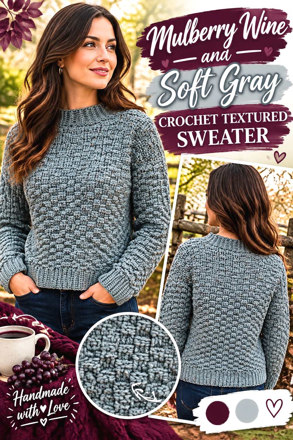 7. Mulberry Wine And Soft Gray Crochet Textured Sweater