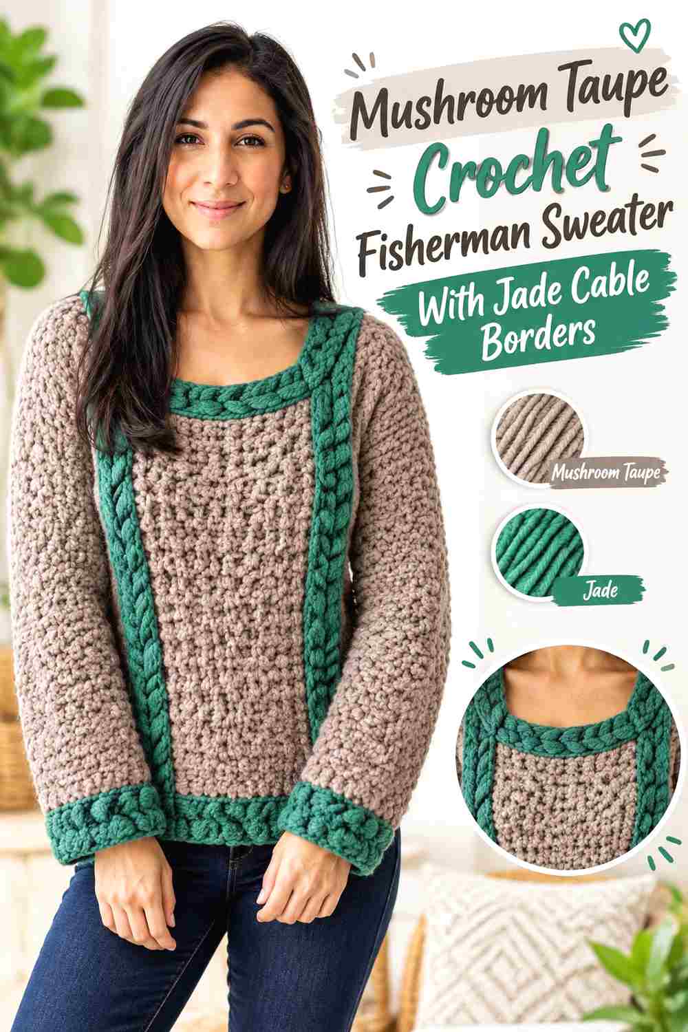 9. Mushroom Taupe Crochet Fisherman Sweater With Jade Cable Borders