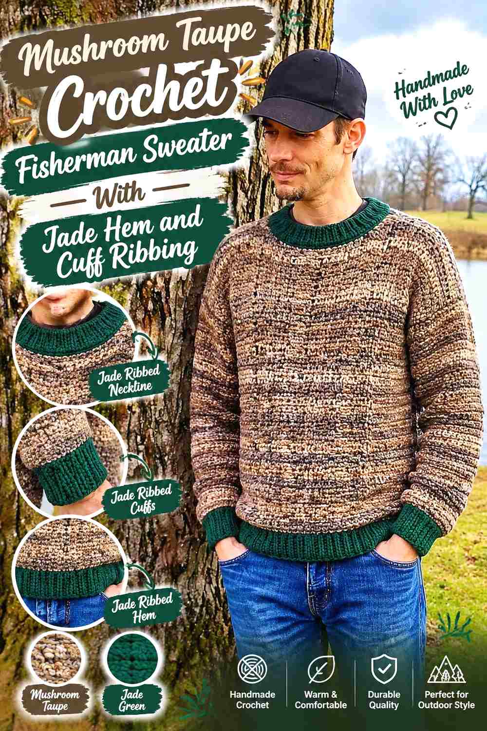 8. Mushroom Taupe Crochet Fisherman Sweater With Jade Hem And Cuff Ribbing