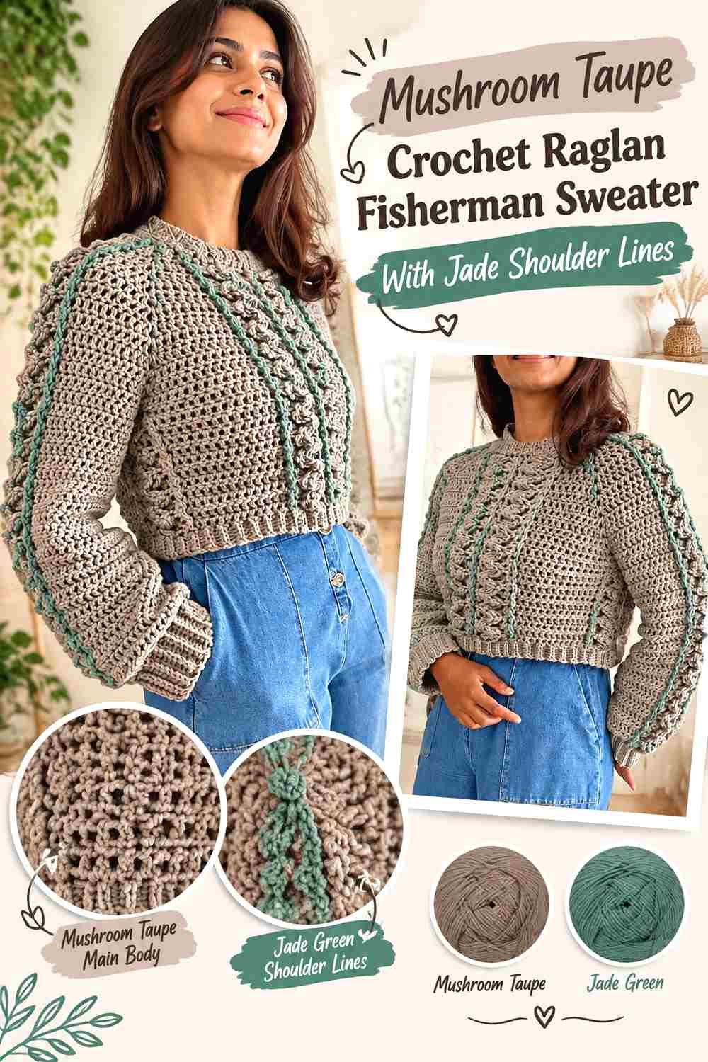 2. Mushroom Taupe Crochet Raglan Fisherman Sweater With Jade Shoulder Lines