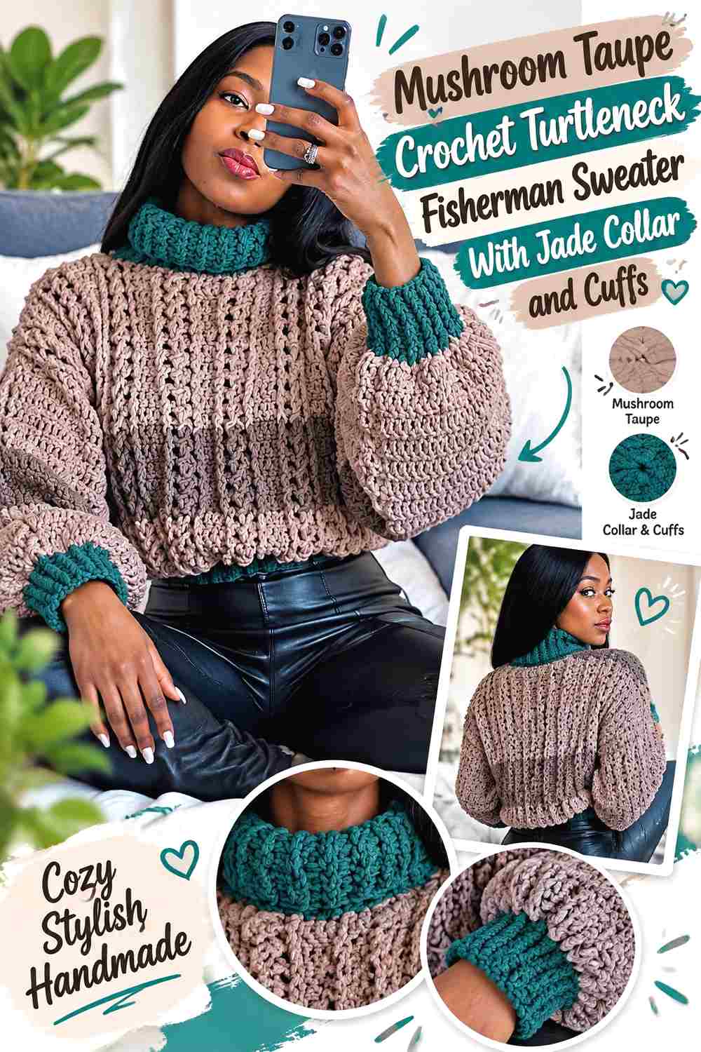 3. Mushroom Taupe Crochet Turtleneck Fisherman Sweater With Jade Collar And Cuffs