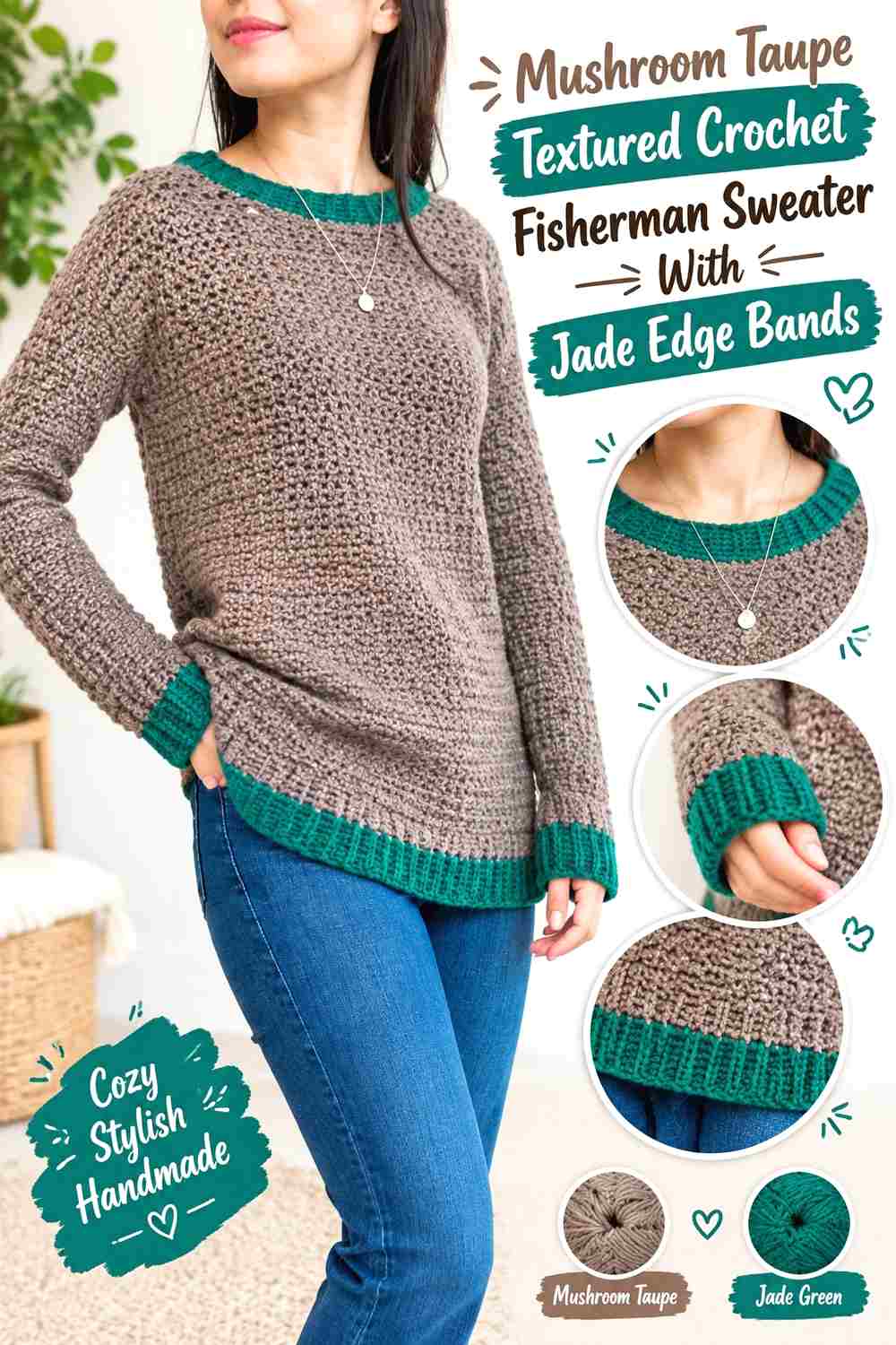 12. Mushroom Taupe Textured Crochet Fisherman Sweater With Jade Edge Bands