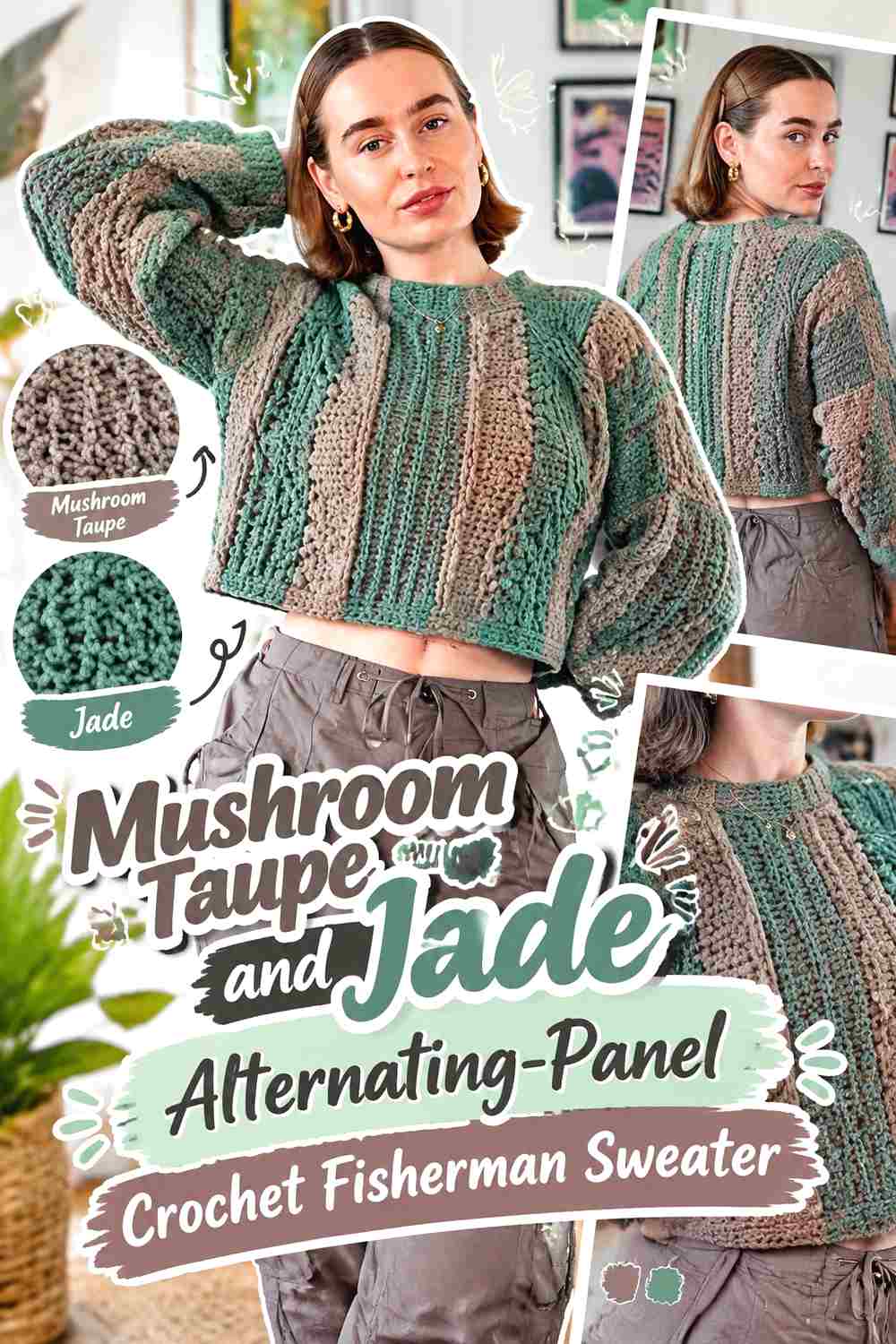 11. Mushroom Taupe And Jade Alternating Panel Crochet Fisherman Sweater