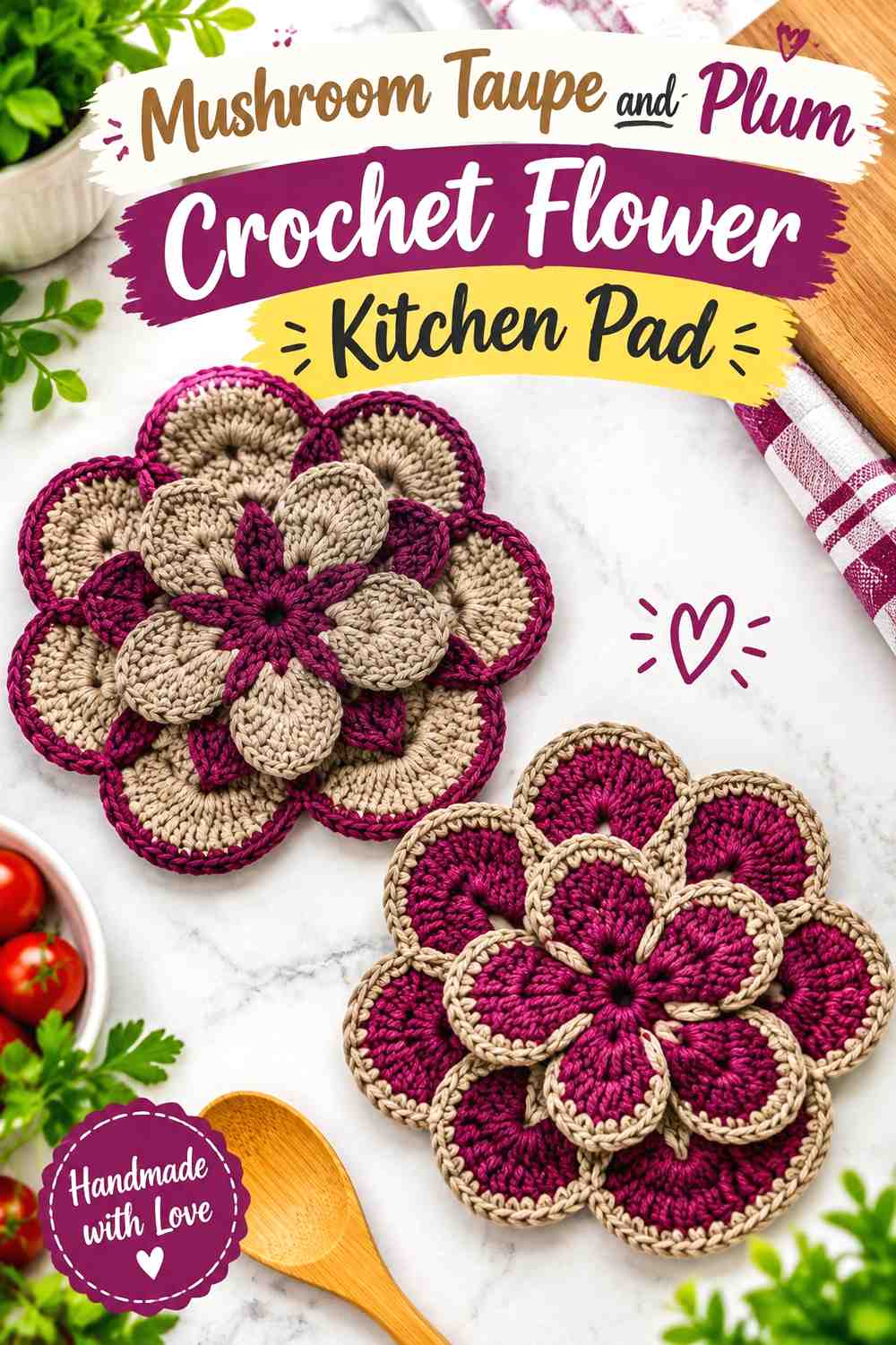 15. Mushroom Taupe And Plum Crochet Flower Kitchen Pad