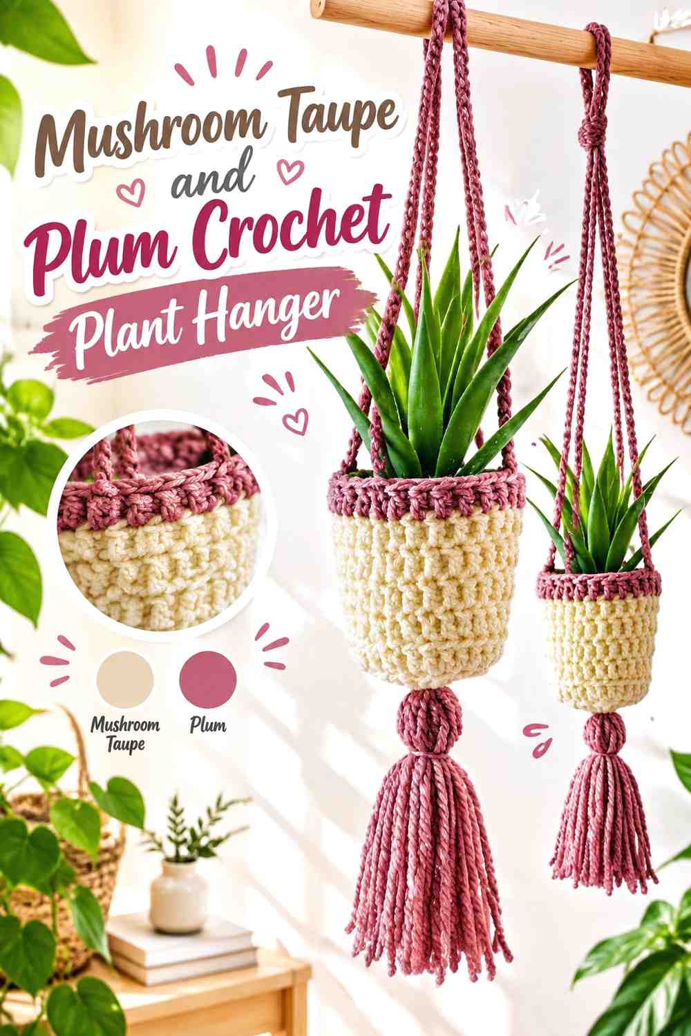 6. Mushroom Taupe And Plum Crochet Plant Hanger