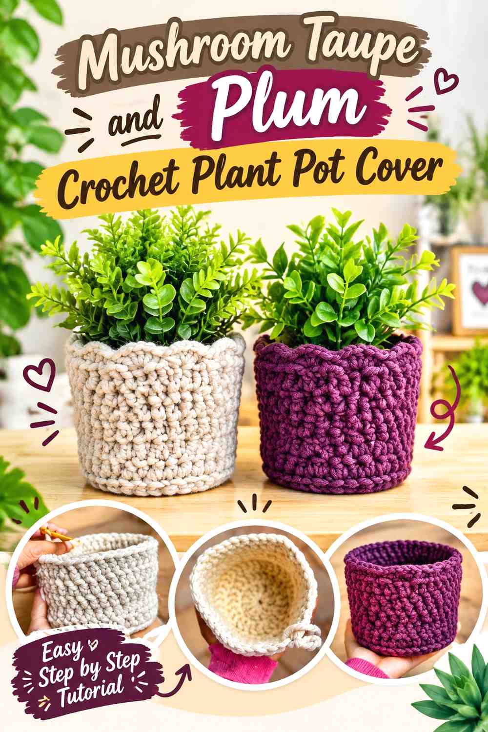 16. Mushroom Taupe And Plum Crochet Plant Pot Cover