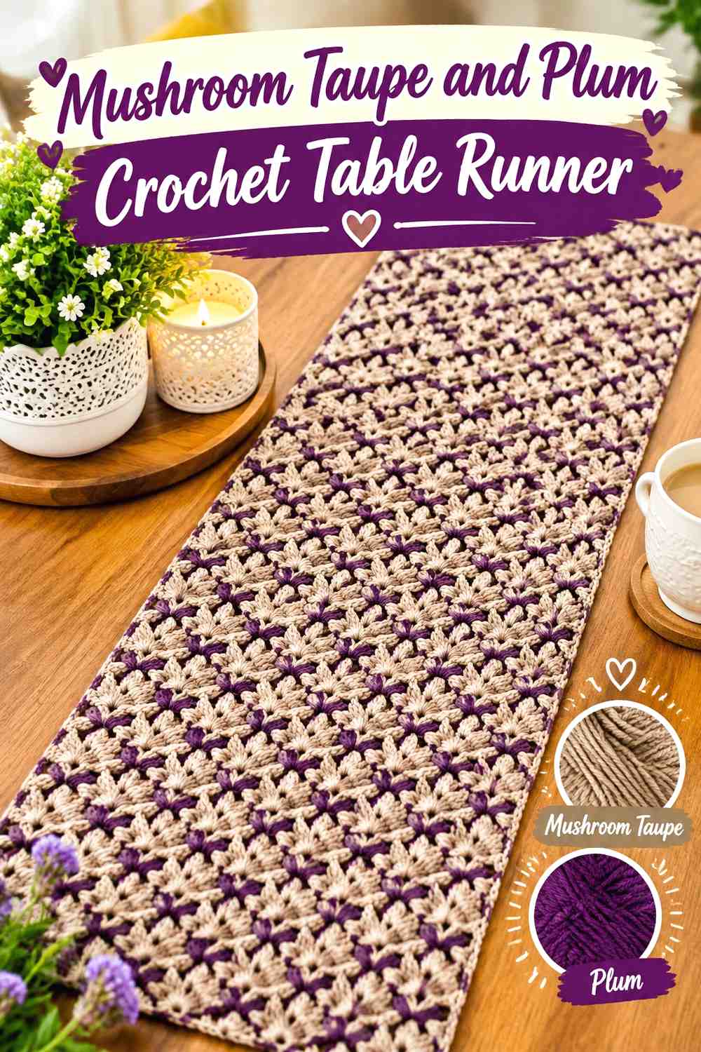 7. Mushroom Taupe And Plum Crochet Table Runner
