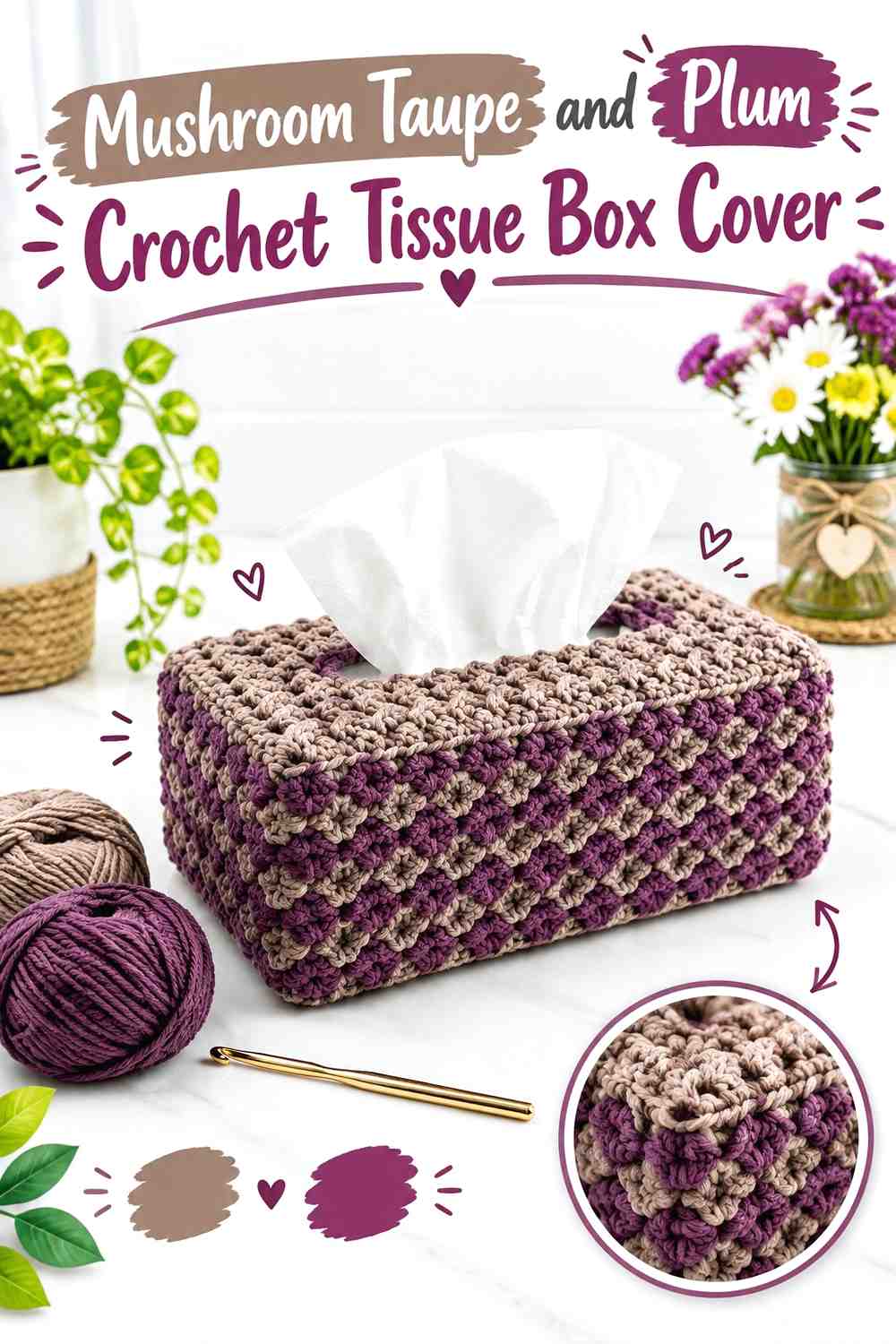 11. Mushroom Taupe And Plum Crochet Tissue Box Cover