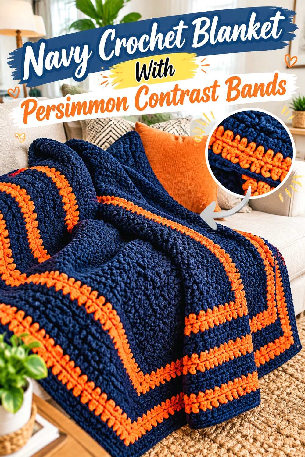4. Navy Crochet Blanket With Persimmon Contrast Bands