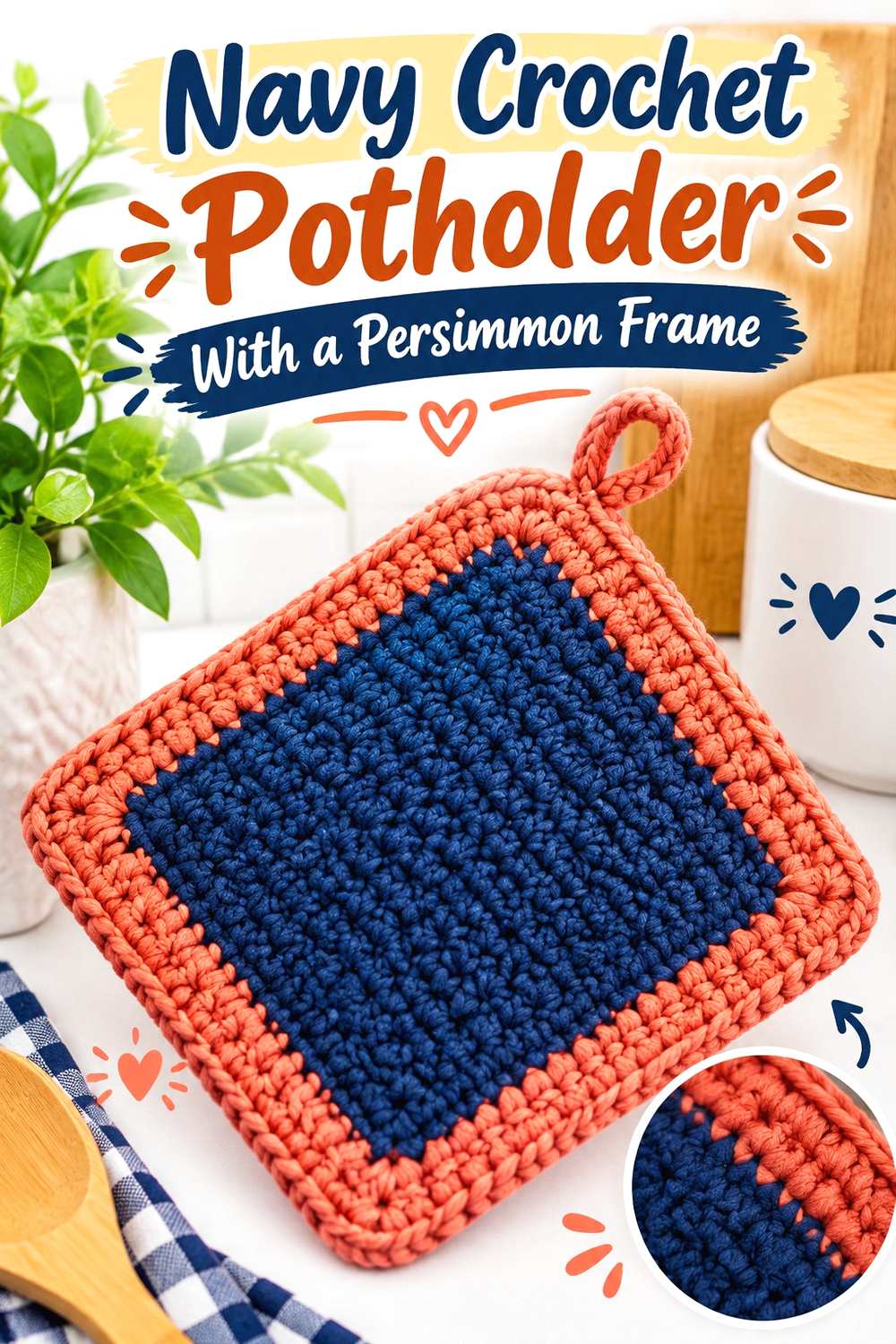 13. Navy Crochet Potholder With A Persimmon Frame