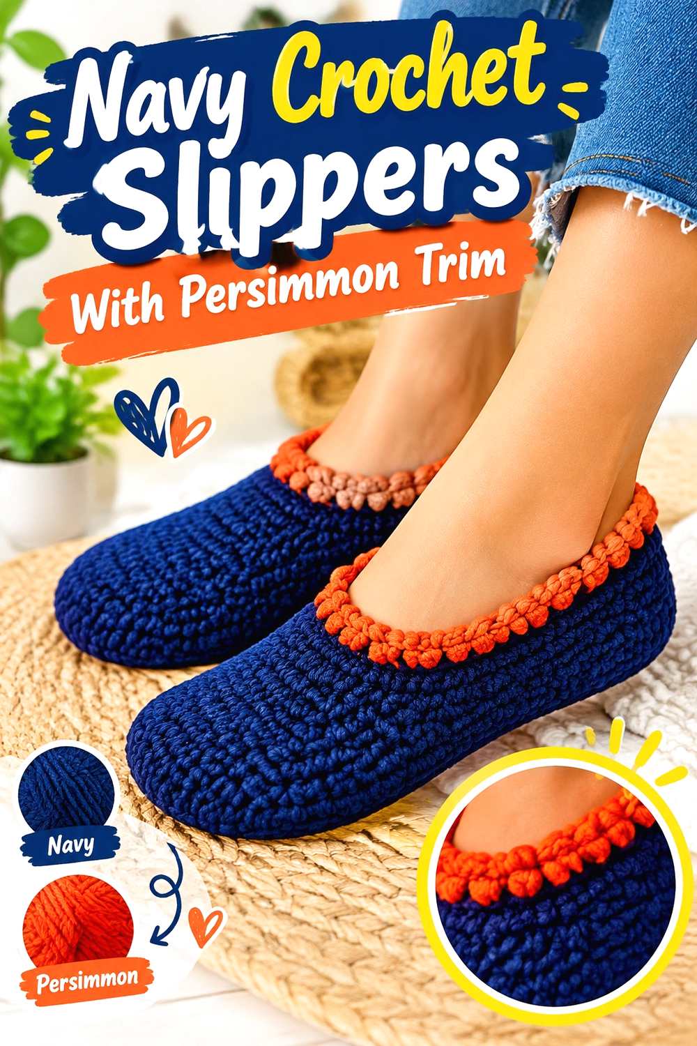 10. Navy Crochet Slippers With Persimmon Trim