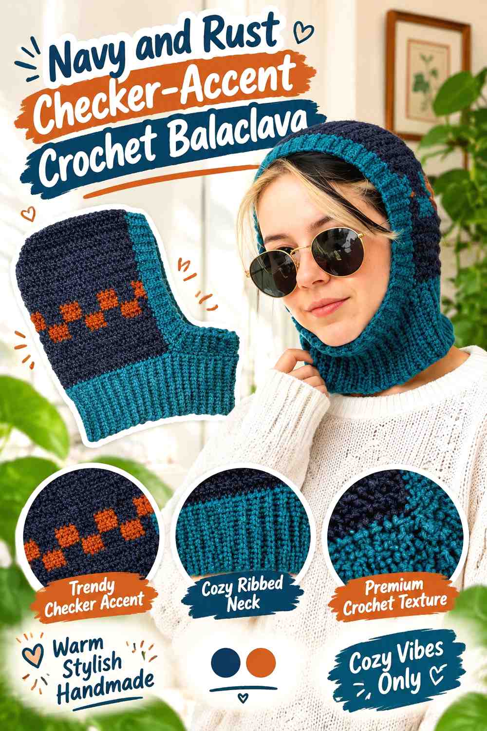 7. Navy And Rust Checker Accent Crochet Balaclava