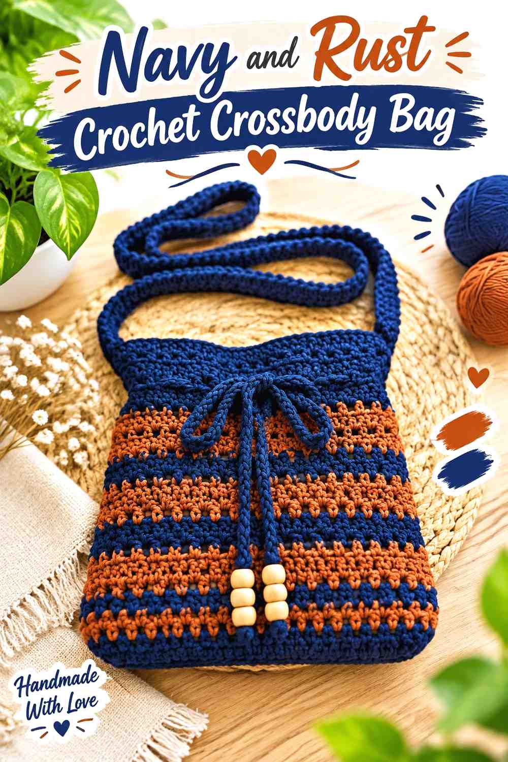 12. Navy And Rust Crochet Crossbody Bag