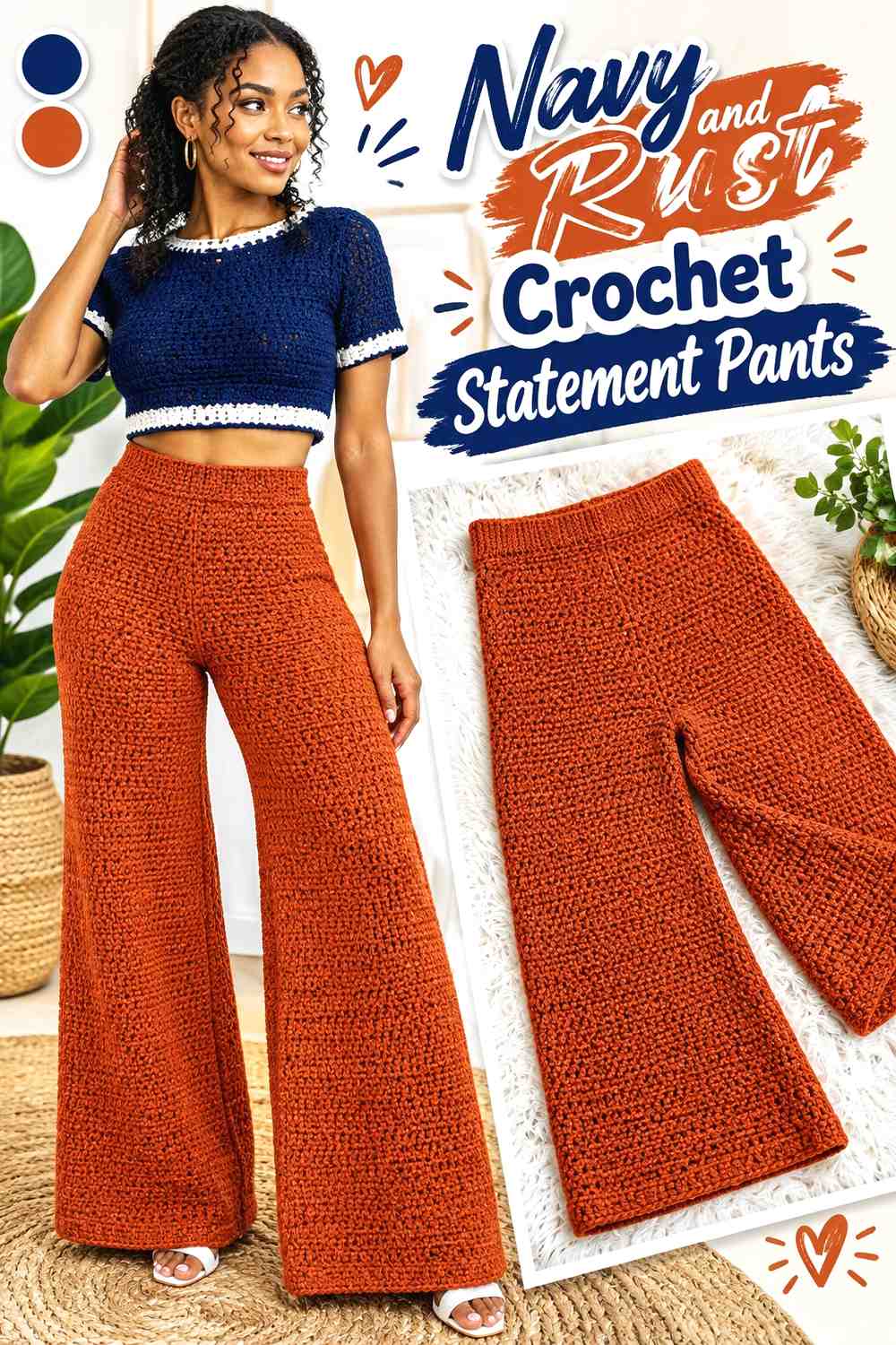 6. Navy And Rust Crochet Statement Pants