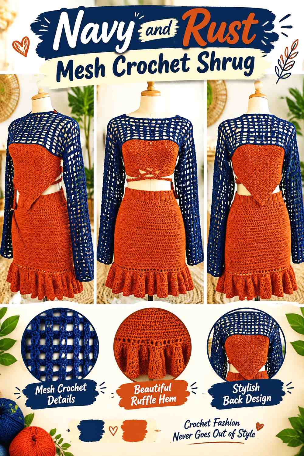 14. Navy And Rust Mesh Crochet Shrug