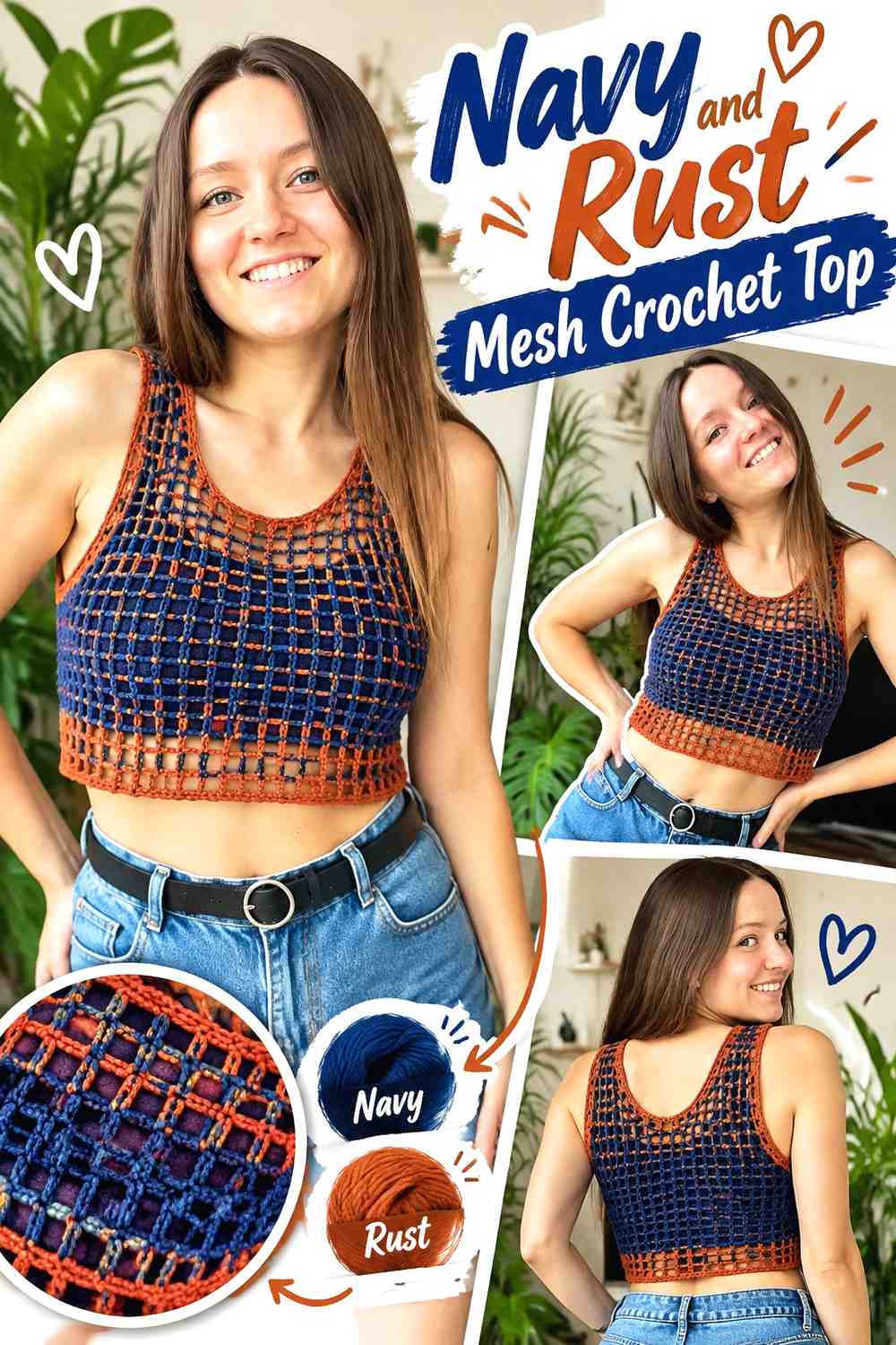 3. Navy And Rust Mesh Crochet Top