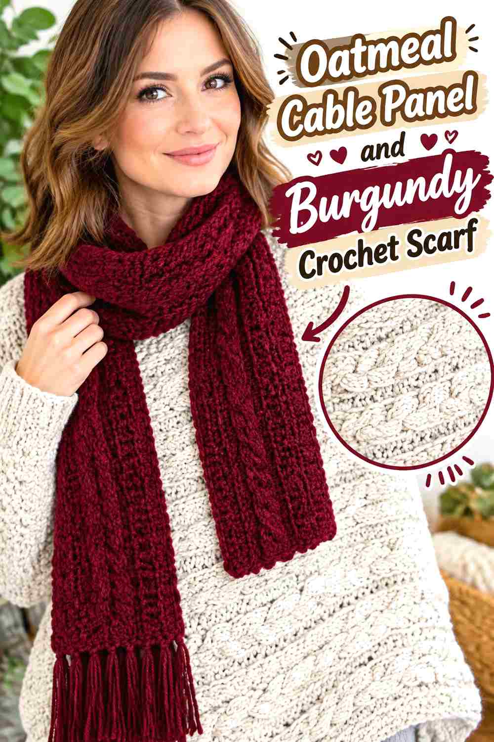 2. Oatmeal Cable Panel And Burgundy Crochet Scarf