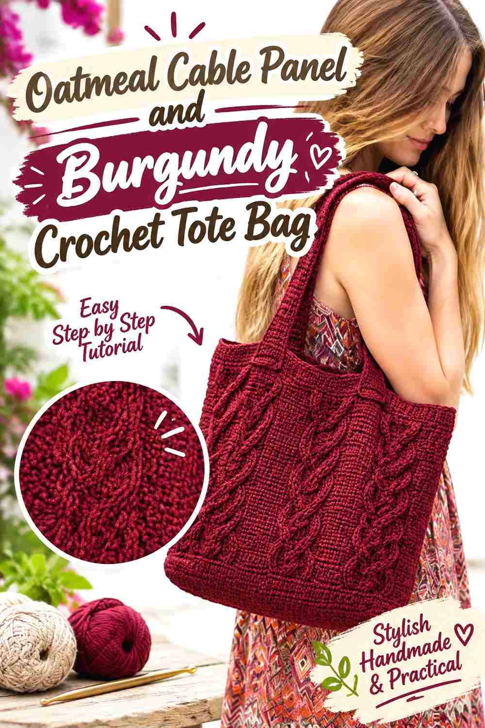 7. Oatmeal Cable Panel And Burgundy Crochet Tote Bag