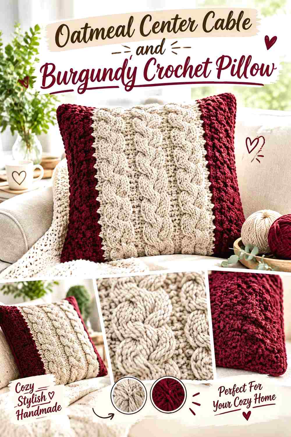 4. Oatmeal Center Cable And Burgundy Crochet Pillow
