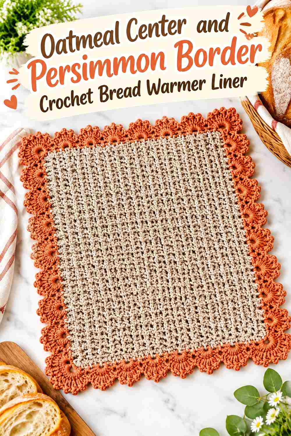 1. Oatmeal Center And Persimmon Border Crochet Bread Warmer Liner