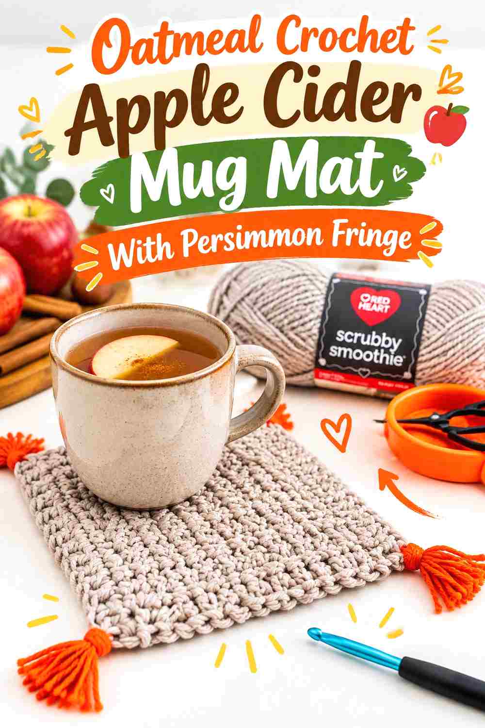 4. Oatmeal Crochet Apple Cider Mug Mat With Persimmon Fringe