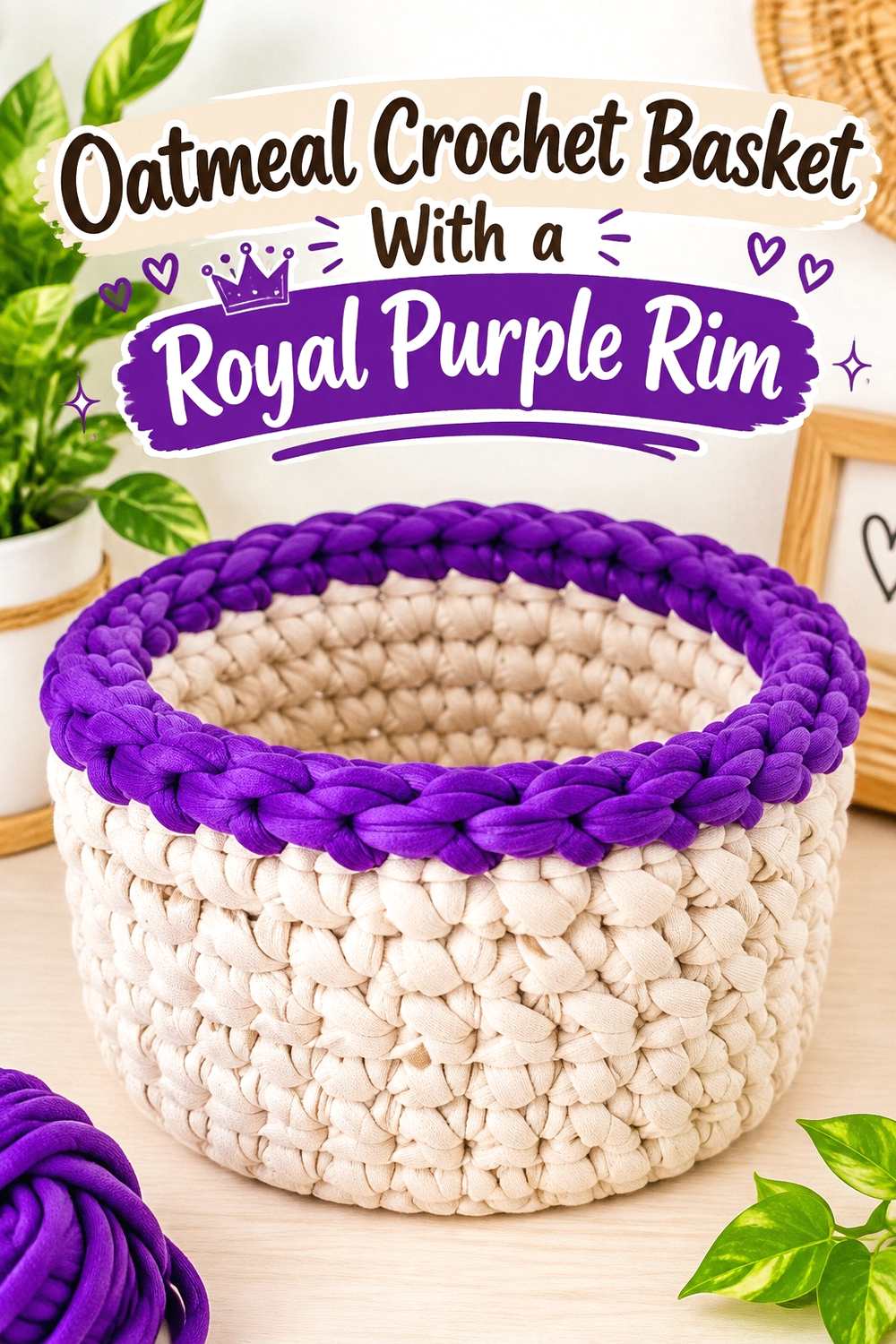 4. Oatmeal Crochet Basket With A Royal Purple Rim