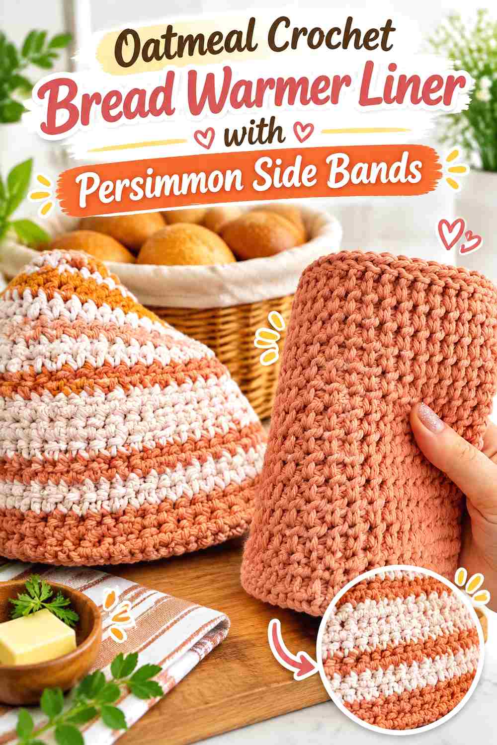 13. Oatmeal Crochet Bread Warmer Liner With Persimmon Side Bands