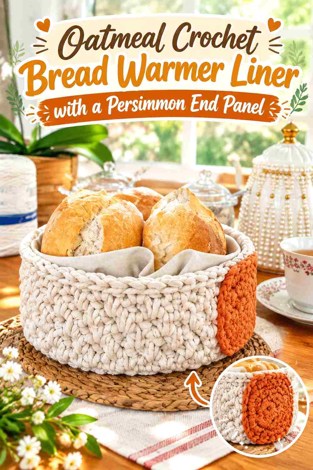 7. Oatmeal Crochet Bread Warmer Liner With A Persimmon End Panel