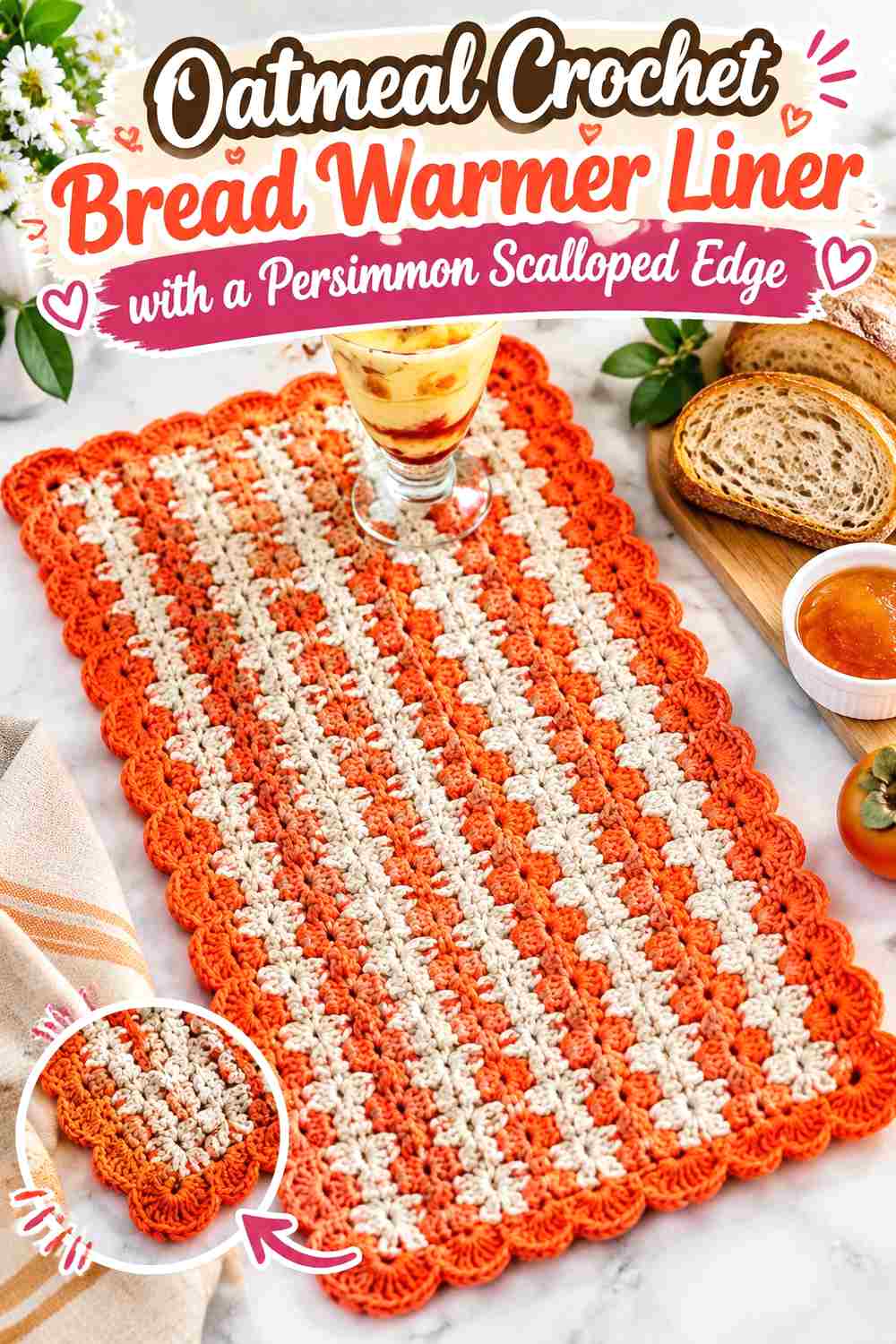 10. Oatmeal Crochet Bread Warmer Liner With A Persimmon Scalloped Edge