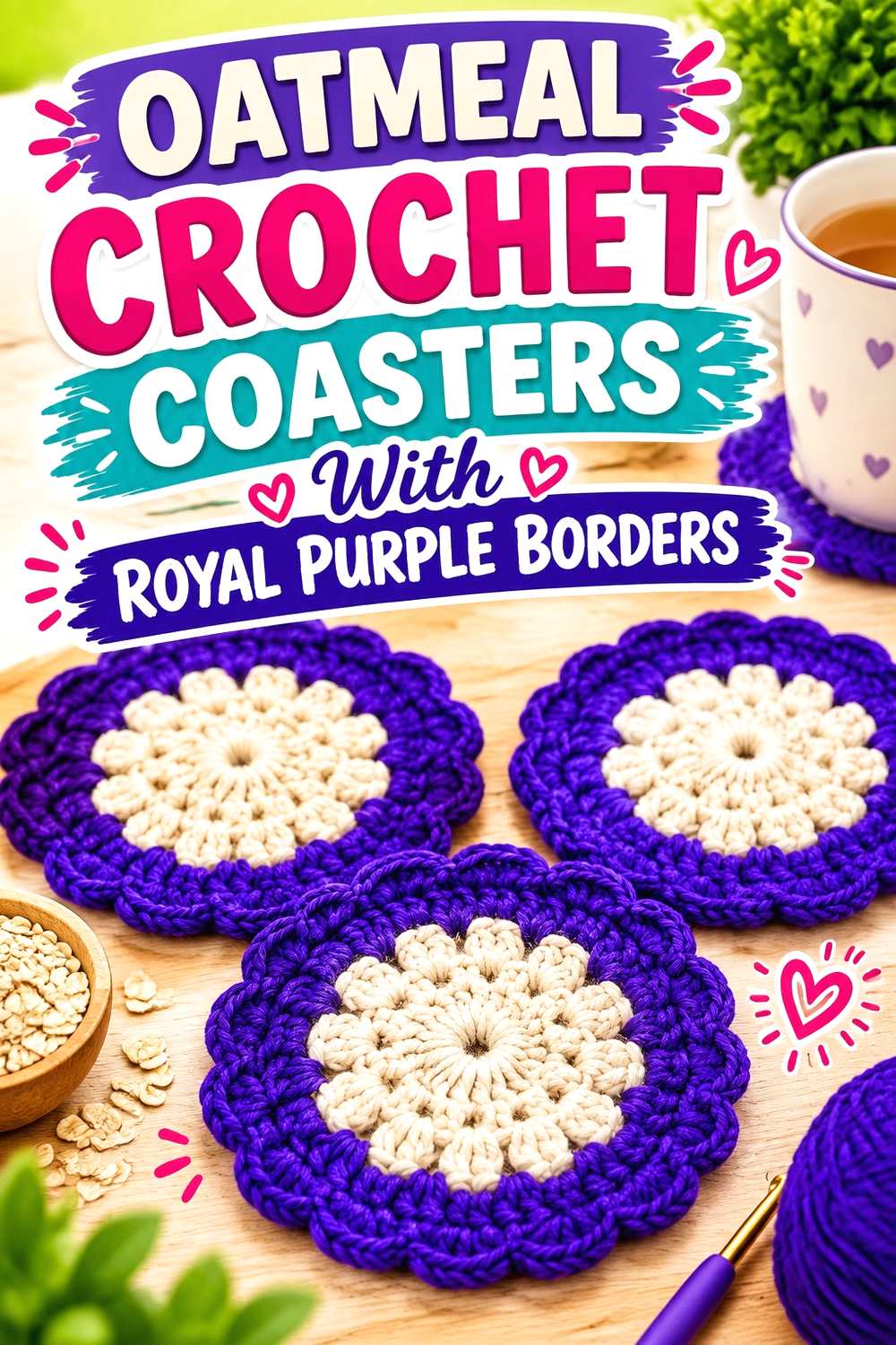 13. Oatmeal Crochet Coasters With Royal Purple Borders