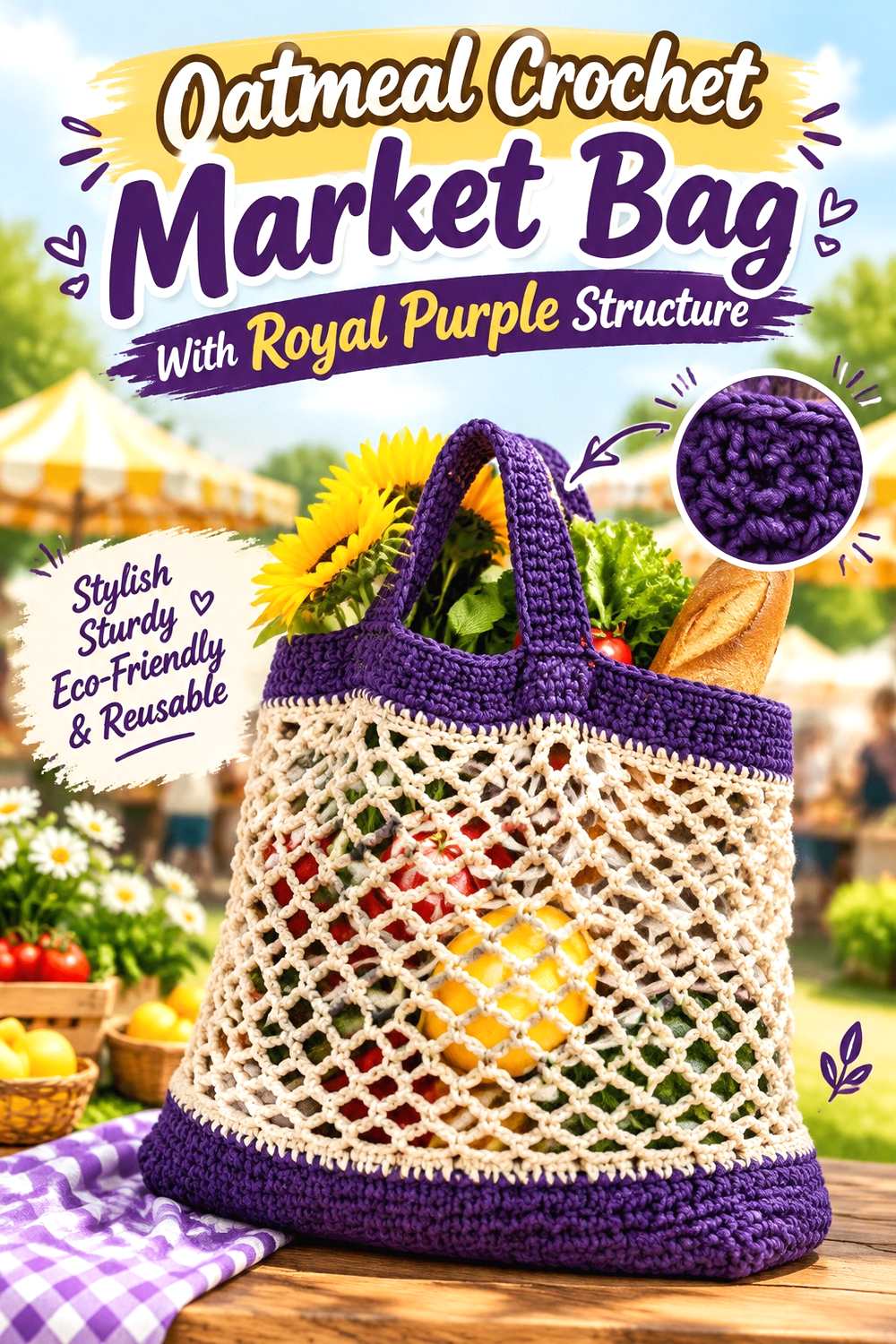15. Oatmeal Crochet Market Bag With Royal Purple Structure