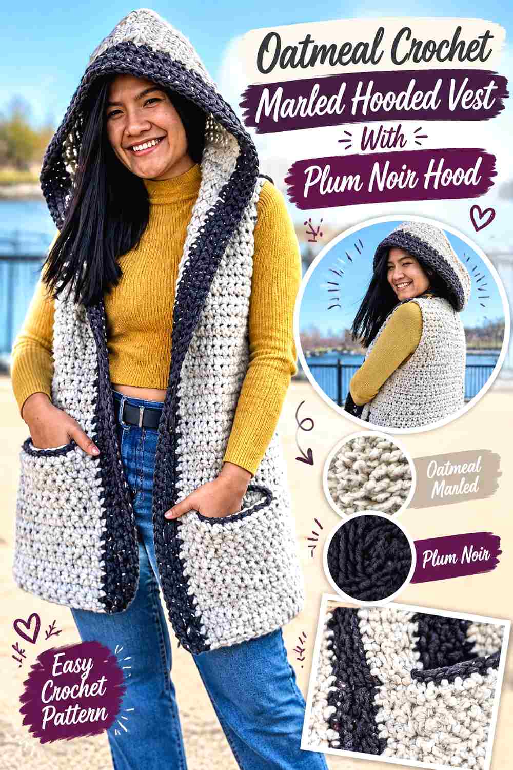 3. Oatmeal Crochet Marled Hooded Vest With Plum Noir Hood