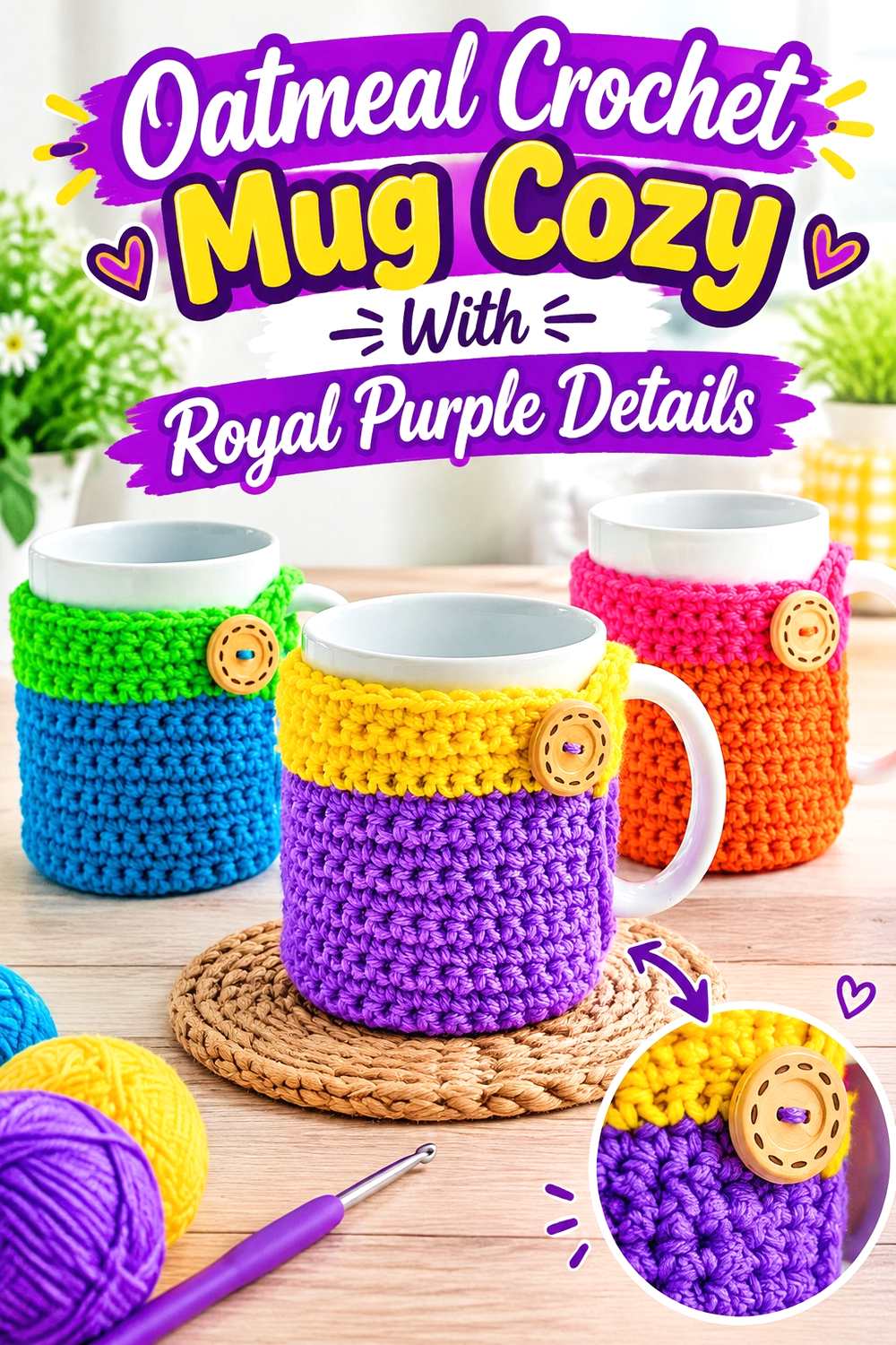 7. Oatmeal Crochet Mug Cozy With Royal Purple Details