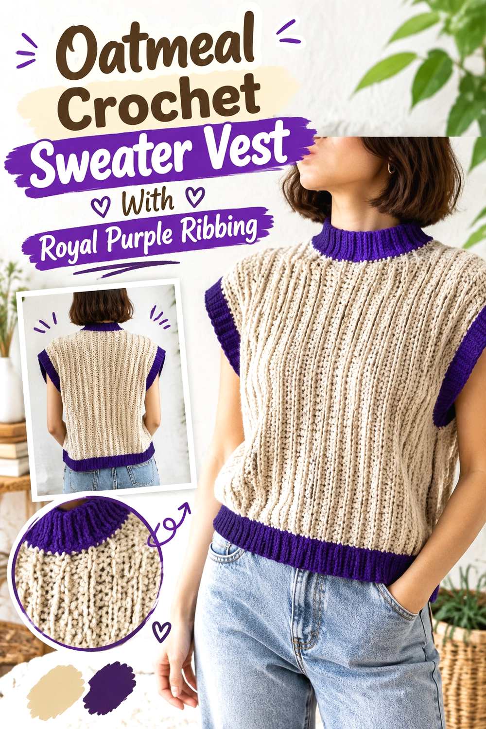 10. Oatmeal Crochet Sweater Vest With Royal Purple Ribbing