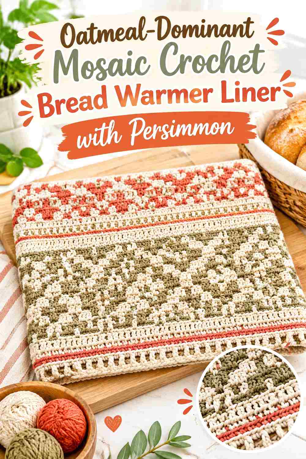 16. Oatmeal Dominant Mosaic Crochet Bread Warmer Liner With Persimmon